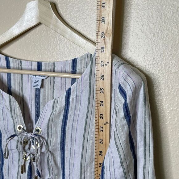Tommy Bahama large linen blend top stripe Silver Metallic Boho 3/4 SLEEVE LACE - Picture 7 of 9